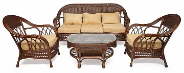 КОМПЛЕКТ для отдыха,MICHELLE, ( стол со стеклом+ диван + 2 кресла + подушки) Pecan Washed (античн. орех), Ткань рубчик, цвет кремовый